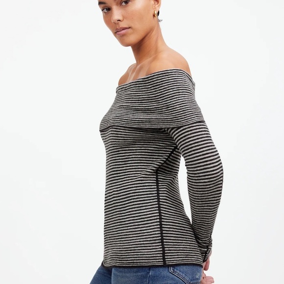 Madewell Stripe Alpaca-Blend Off-Shoulder Sweater Size Medium - Picture 3 of 4